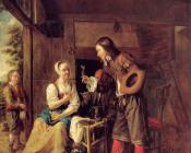 皮特尔 德 胡格 : A Man Offering A Glass of Wine to a Woman